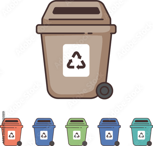 Illustration of a brown trash bin with a recycling symbol, with five smaller bins of different colors below.