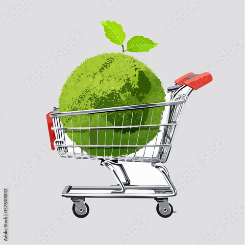 shopping cart filled with a moss-covered ball and budding plants symbolizes eco-friendly choices