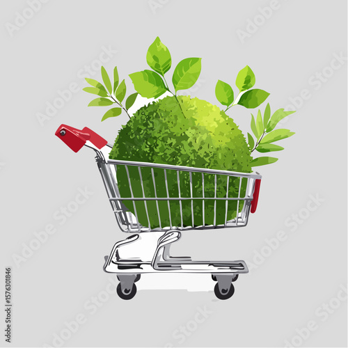 shopping cart filled with a moss-covered ball and budding plants symbolizes eco-friendly choices