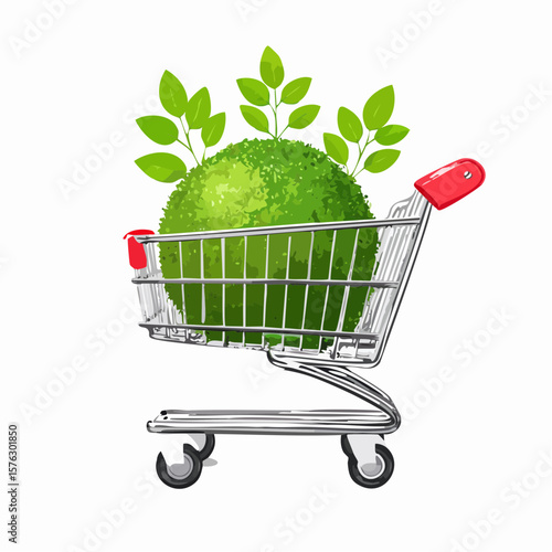 shopping cart filled with a moss-covered ball and budding plants symbolizes eco-friendly choices