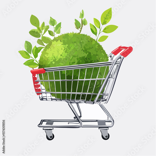 shopping cart filled with a moss-covered ball and budding plants symbolizes eco-friendly choices