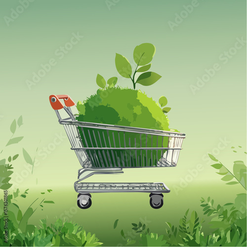 shopping cart filled with a moss-covered ball and budding plants symbolizes eco-friendly choices