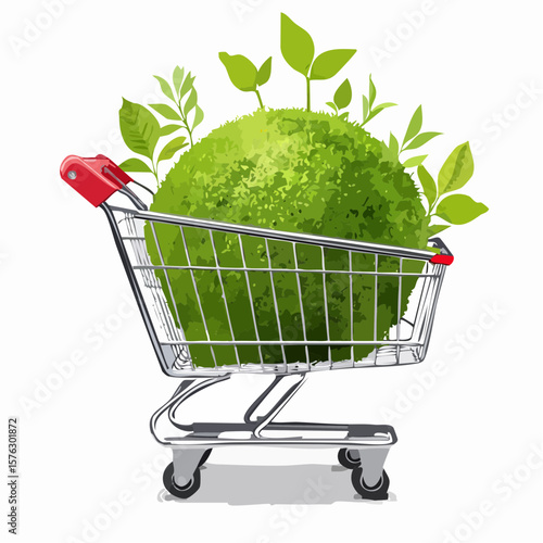 shopping cart filled with a moss-covered ball and budding plants symbolizes eco-friendly choices