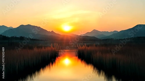Wallpaper Mural Serene Sunset Reflections Over Misty Lake Landscape with Mountains and Grassy Shores Torontodigital.ca
