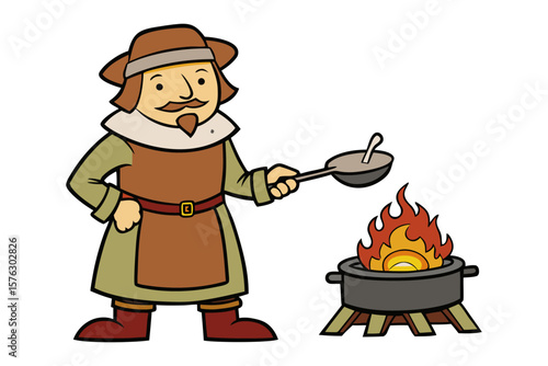 Warmth of the Campfire: A historical character cooks over an open flame, holding a ladle in a scene that conjures images of a historic era. The fire provides the central visual element.
