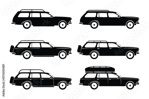 Silhouette of Vintage Station Wagons: A striking black and white illustration showcases a collection of classic station wagons, each exuding the charm of a bygone era.