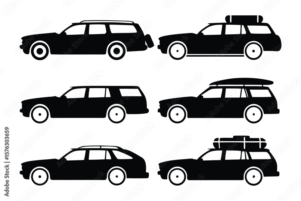 Fototapeta premium Silhouettes of Touring Cars: A set of elegant silhouettes of station wagons, perfect for illustrating travel and adventure, with some featuring roof racks carrying luggage.