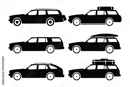 Silhouettes of Touring Cars: A set of elegant silhouettes of station wagons, perfect for illustrating travel and adventure, with some featuring roof racks carrying luggage.