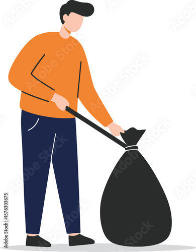 A man is using a grabber to pick up trash and put it in a black garbage bag.