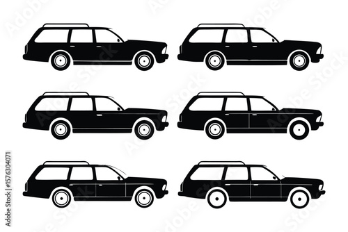 Station Wagon Silhouettes: A sleek collection of six station wagon silhouettes, perfect for transportation and design concepts, offering a classic appeal with a touch of modern flair.