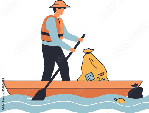 A man in a boat cleans up river pollution, using a paddle and collecting trash bags.