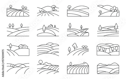 Landscape and Hills Outline Icons set Vector Illustration - Minimalist Hand-Drawn Nature Symbols Collection for Farm, Countryside, and Outdoor Design Elements