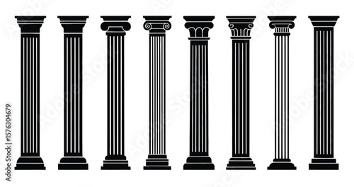 Pillar Silhouette Icons Vector Illustration - Modern Architectural Elements Collection for History, Support, and Decorative Design Elements