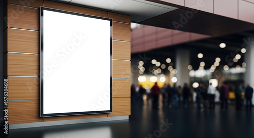 A blank, illuminated poster on a wooden wall, with blurred people in the background.