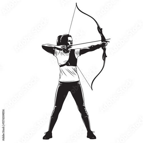 Archer woman pulling bow string monochrome vector illustration