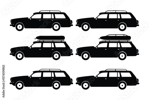 Sleek Silhouettes: A collection of meticulously rendered black station wagons, ready for adventure. Each car showcases distinct features, suggesting diverse travel.