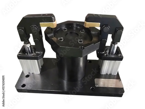 Industrial pneumatic clamp jig with hexagonal component fixture and silver metal plate