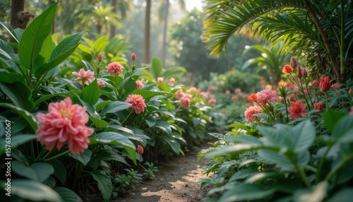 Garden pathway lined with vibrant pink dahlias in lush tropical setting