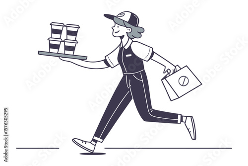 Running Coffee Delivery: A stylized illustration of a delivery person, stylishly dressed in uniform, briskly running while carrying coffee cups and a bag.