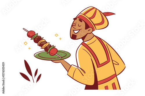 Flavorful Feast: An illustration captures a smiling chef elegantly presenting a skewer of perfectly grilled delicacies. The culinary artwork evokes a sense of gastronomic delight.