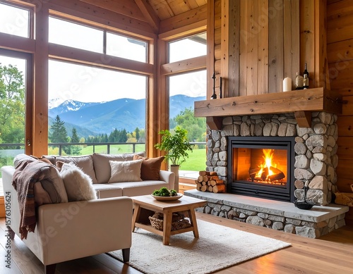 Cozy log cabin living room with fireplace