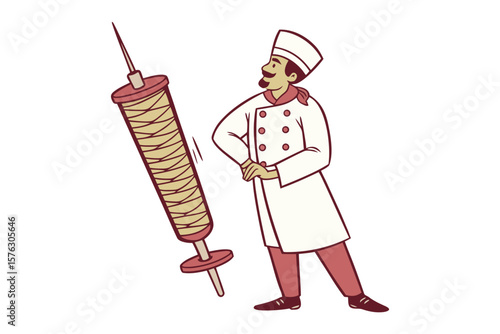 Chef with Giant Doner Kebab: A cheerful chef in a pristine white uniform stands proudly beside an enormous doner kebab, ready to serve delicious food.