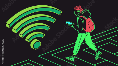 Woman walking with wifi connection using mobile device internet access point hotspot technology 100mbps