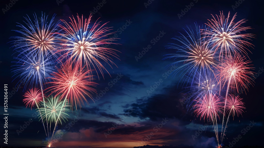 Vibrant red blue and green fireworks explode in the night sky over a dark silhouette of a city skyline Vibrant red blue and green fireworks explode in the night sky over a dark silhouette of a city skyline