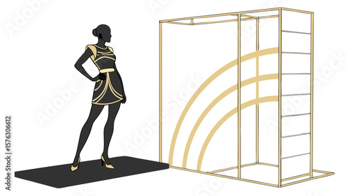 Fashion mannequin in black dress with golden accents posing near display frame and platform stage