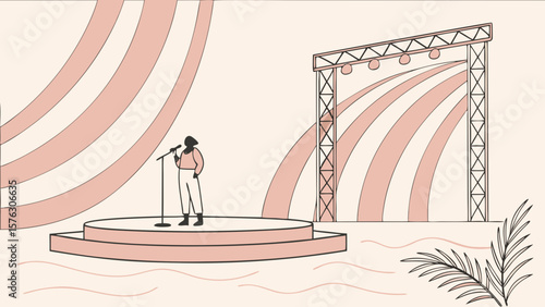 Concert stage performance with singer microphone and stage lights vector illustration design template