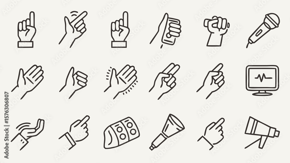 Fototapeta premium Hand gestures and communication icons vector set for presentation and user interface design assets