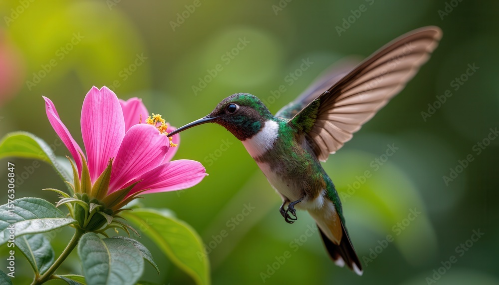 Fototapeta premium Hummingbird feeding on vibrant pink flower in nature