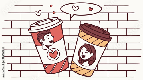 Coffee cup love story illustration for valentine's day romantic coffee date concept art and design vector