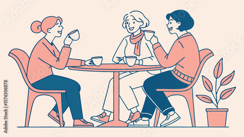 Three friends enjoying coffee together at cafe illustration vector design template graphic asset for website