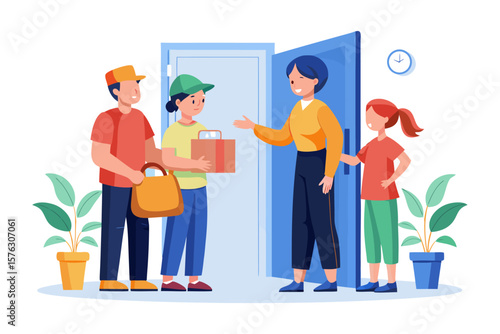 Doorstep Delivery: A cheerful scene unfolds as a delivery person hands a package to a customer at their doorstep, with the recipient's family eagerly welcoming the service.