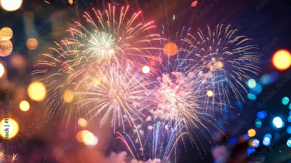 Fototapeta premium Vibrant fireworks explode in a dazzling display of light and color against a dark night sky with bokeh effects