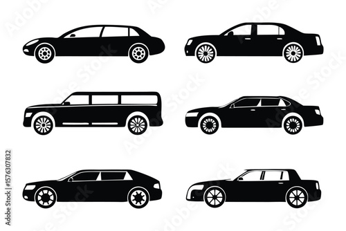 Diverse Automotive Silhouettes: A collection of stylish car silhouettes, including sleek sedans and a distinguished hearse, presented in stark black and white.