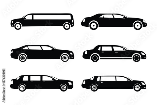 Fleet of Luxurious Vehicles: Sleek silhouettes of elegant automobiles, including a limousine, convey sophistication and class. Featuring various car types, it's ideal for transport and travel themes.