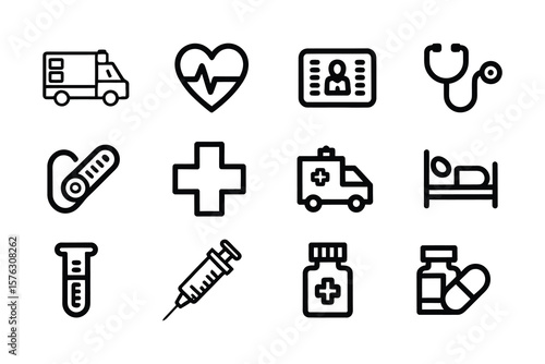 Medical Healthcare Line Icon Set Vector Pictograms of Stethoscope Thermometer Syringe Pill Medicine Emergency Cross Heart Blood Test Ambulance Bed and Telehealth Thin Linear Illustrations