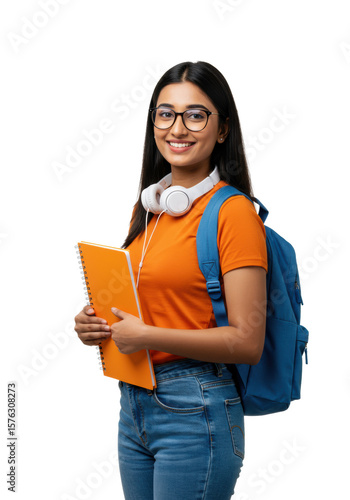 Young indian woman, early 20s, long dark hair, modern glasses, orange t-shirt, blue jeans, and blue backpack, holding an orange notebook, smiling confidently against a transparent studio background