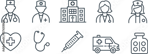 Medical and healthcare line icon set. Includes doctor, nurse, hospital, ambulance, stethoscope, syringe, and pills. Emergency and clinic vector symbols.
