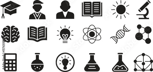 Education and science glyph icon set. Vector symbols for learning, research, and knowledge including graduation cap, brain, book, microscope, atom, DNA, and lightbulb.
