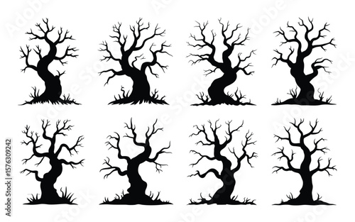 Spooky Tree Silhouette Icons Vector Illustration - Modern Halloween and Horror Collection for Forest, Nature, and Creepy Design Elements