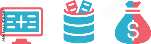 Healthcare finance icon set. Vector illustration of a computer with medical records, a database with files, and a money bag with a dollar sign for business and technology concepts.
