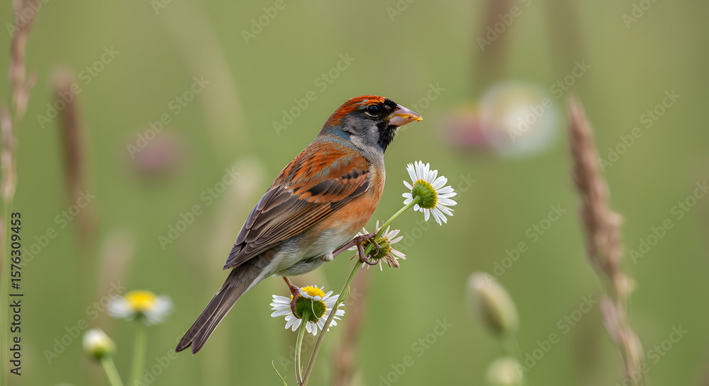 Fototapeta premium Small Beaked Bunting with Bright Feathers on Flower Stem PNG