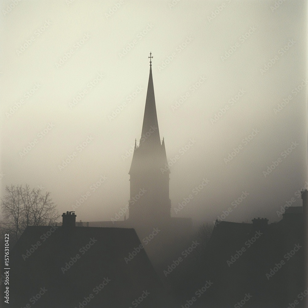 Obraz premium A church steeple barely visible in dense fog, surrounded by faint silhouettes of rooftops.