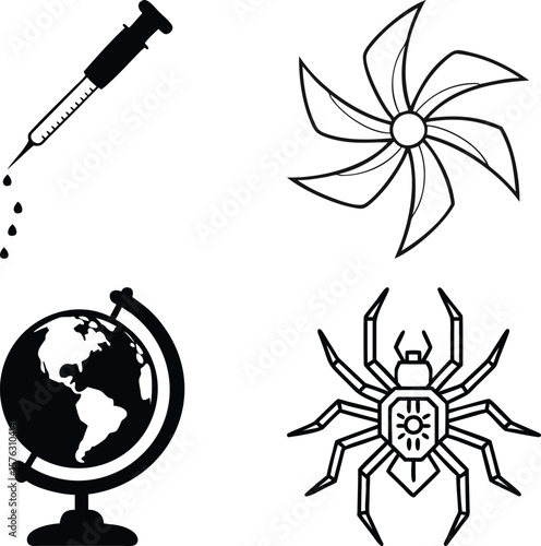 Vector art of a diverse collection of icons including a syringe, a spinning fan, the globe, and a spider