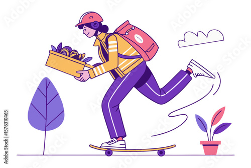 Speedy Delivery: An illustration of a swift courier gracefully gliding on a skateboard, transporting a box filled with fresh goods, a testament to efficient service and modern convenience.