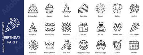 Birthday Party Outline Icon Set Vector – Celebratory Elements for Events, Invitations, and Festive Designs. Birthday Party Icon Set.