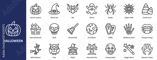 Halloween Outline Icon Set Vector – Spooky Elements for Holiday Designs, Decorations, and Trick-or-Treat Themes. Halloween Icon Set.